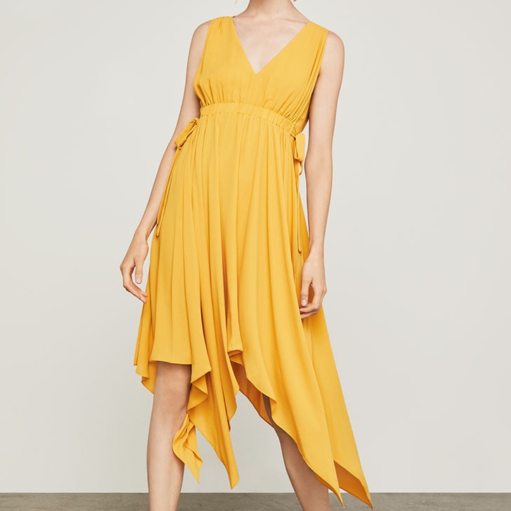 BCBGMaxAzria Mustard Yellow Handkerchief Hem Midi Dress